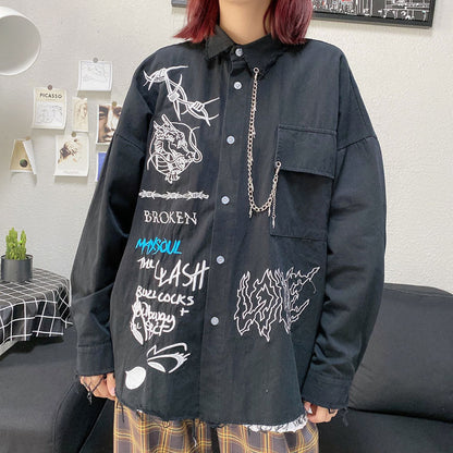 Symbol Embroidery Long Sleeve Shirt BLACK