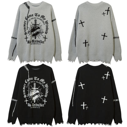 Corazon クロス ダメージ加工 ニットセーター BLACK