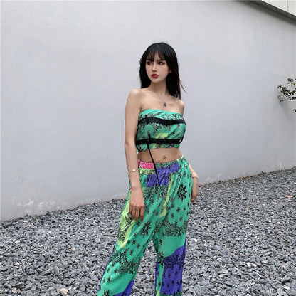バンダナ柄 チューブトップ パンツセットアップ GREEN グリーン 緑 MS_P