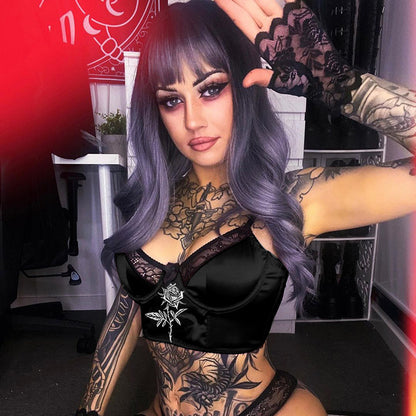 Rose Embroidery Satin Camisole BLACK