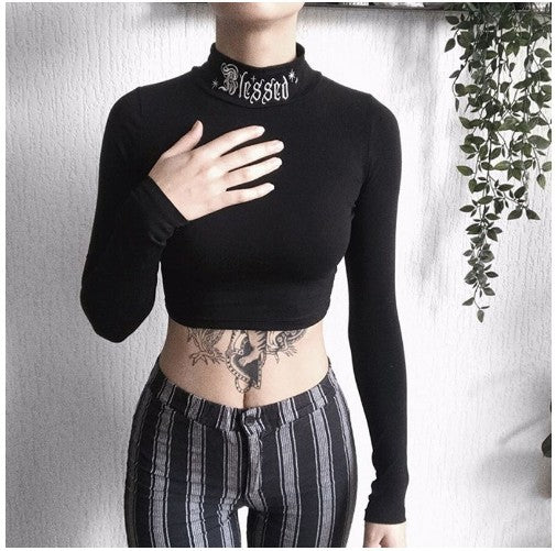 BLESSED Bottle Neck Crop Embroidery Long Sleeve T BLACK