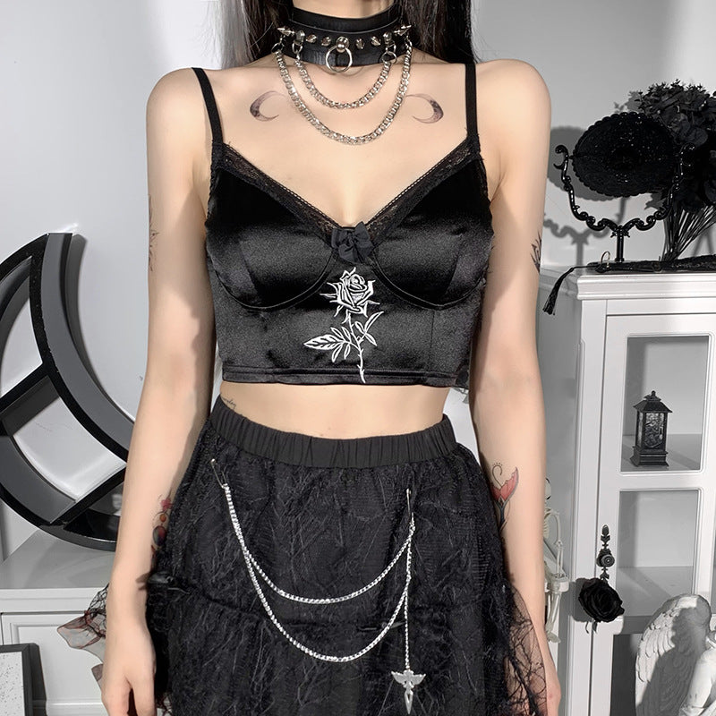 Rose Embroidery Satin Camisole BLACK