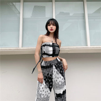 Bandana Pattern Tube Top and Pants Set Black/White MS_P