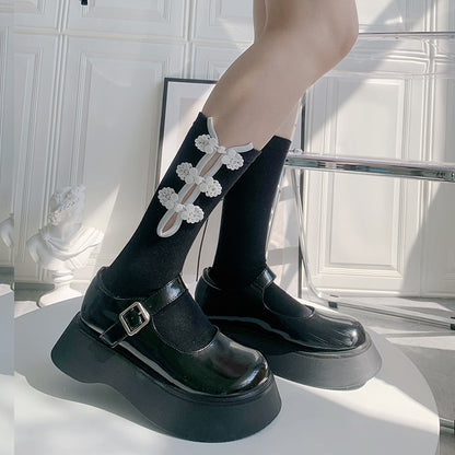 チャイナボタン 長め丈 ソックス BLACK