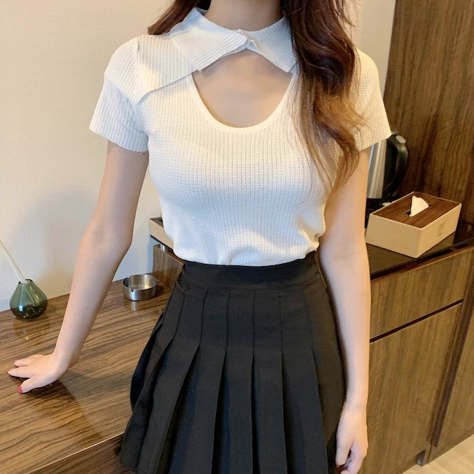 Bust open polo knit top WHITE