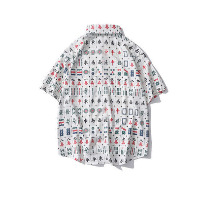 Mahjong tile all-over print light short-sleeved shirt WHITE