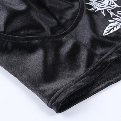 Rose Embroidery Satin Camisole BLACK