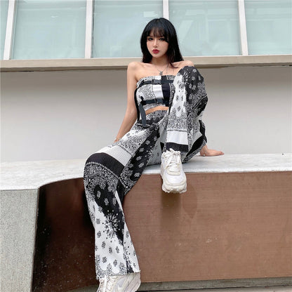 Bandana Pattern Tube Top and Pants Set Black/White MS_P