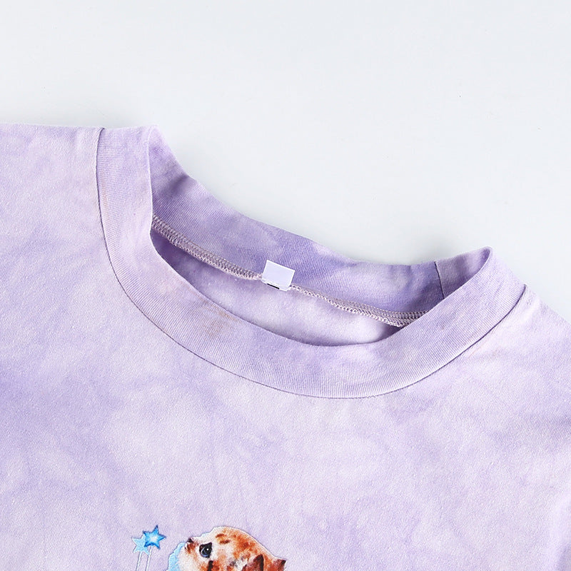 Tie-dye cat print T-shirt PURPLE