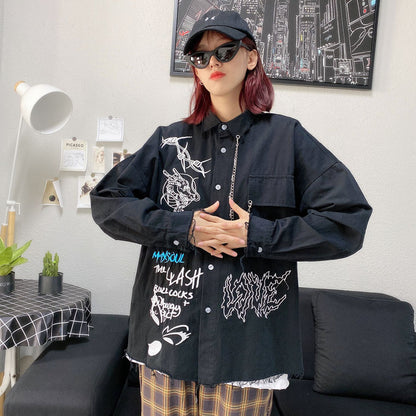 Symbol Embroidery Long Sleeve Shirt BLACK