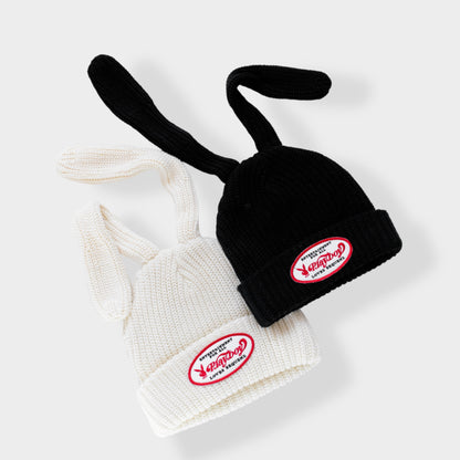 Play Boy Loves SEQUENZ Bunny Beanie Rabbit Ears Knit Hat WHITE