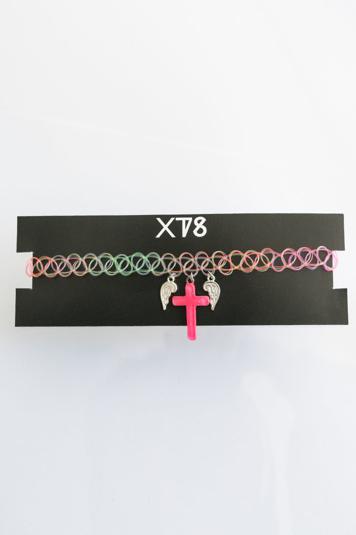 XTS Cross With Wings Tattoo Choker PINK
