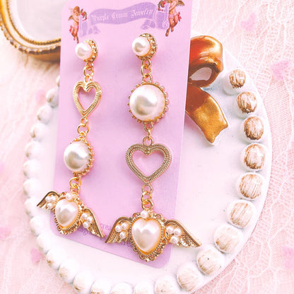 Purple Cream Pearl Heart Wing Earrings P538