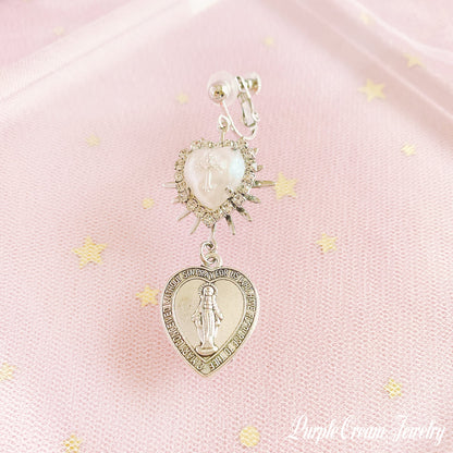 Purple Cream Heart Medal Earrings P1171 SILVER