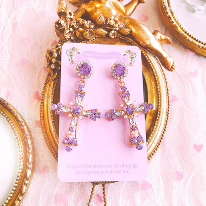 Purple Cream Rhinestone Cross Earrings P038