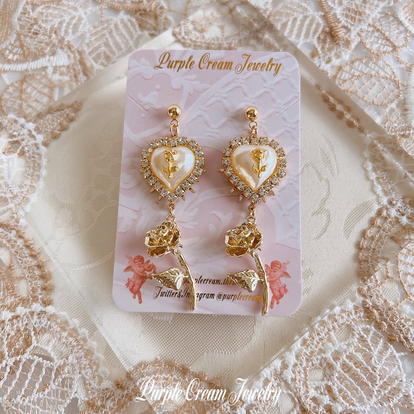 Purple Cream Girly White Rose Earrings GOLD P1275