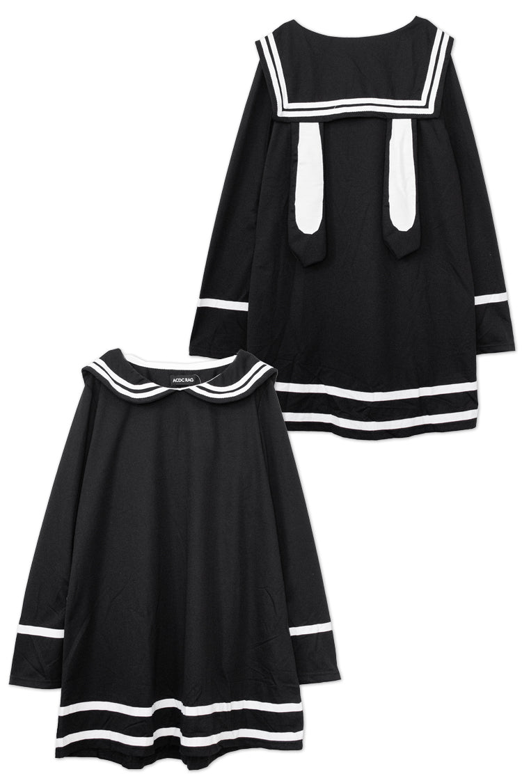ACDC RAG Rabbit Sailor Long Sleeve Dress with Rabbit Ears BLACK