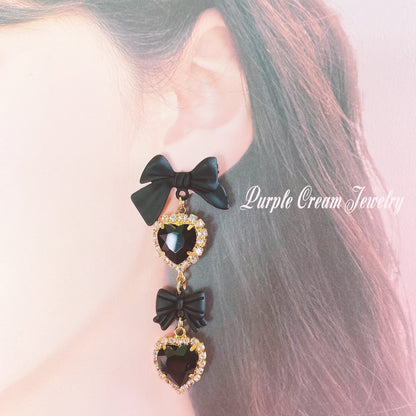 Purple Cream Black Ribbon &amp; Heart Earrings P1002