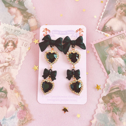 Purple Cream Black Ribbon &amp; Heart Earrings P1002