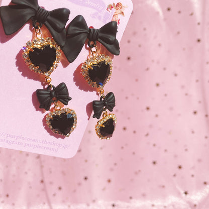 Purple Cream Black Ribbon &amp; Heart Earrings P1002