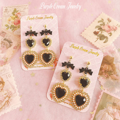 Purple Cream Black Pearl Heart Earrings P1092