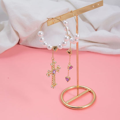 Purple Cream Purple Heart Pearl Cross Hoop Earrings P400
