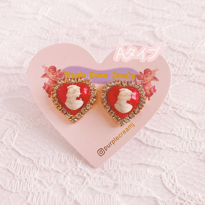 Purple Cream Cameo Heart Earrings Red P943