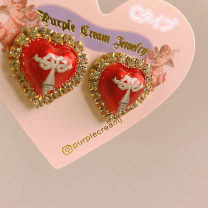 Purple Cream Cameo Heart Earrings Red P943