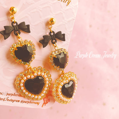 Purple Cream Black Pearl Heart Earrings P1092