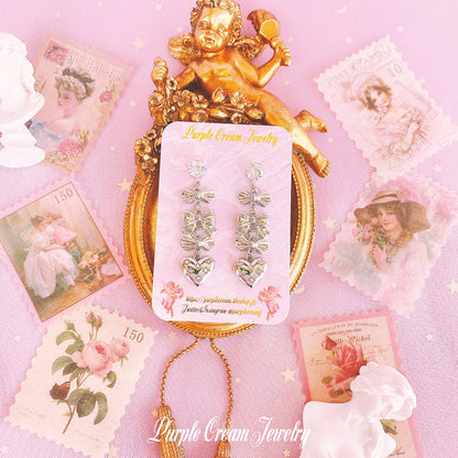 Purple Cream Ribbon &amp; Heart Earrings P1128