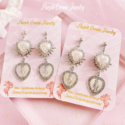 Purple Cream Heart Medal Earrings P1171 SILVER
