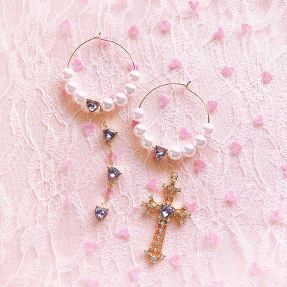 Purple Cream Purple Heart Pearl Cross Hoop Earrings P400