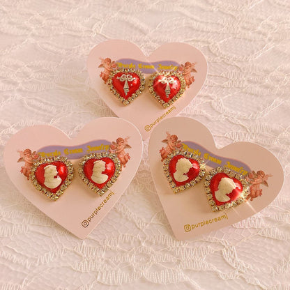 Purple Cream Cameo Heart Earrings Red P943