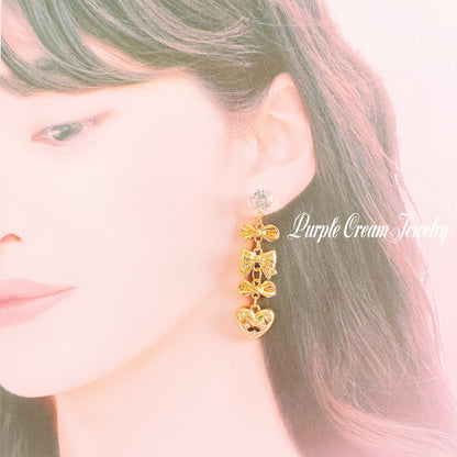 Purple Cream Ribbon &amp; Heart Earrings P1128