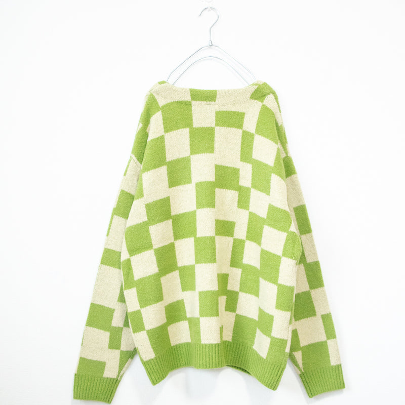 Checkered Shaggy Jacquard Pattern Knit Cardigan GREEN