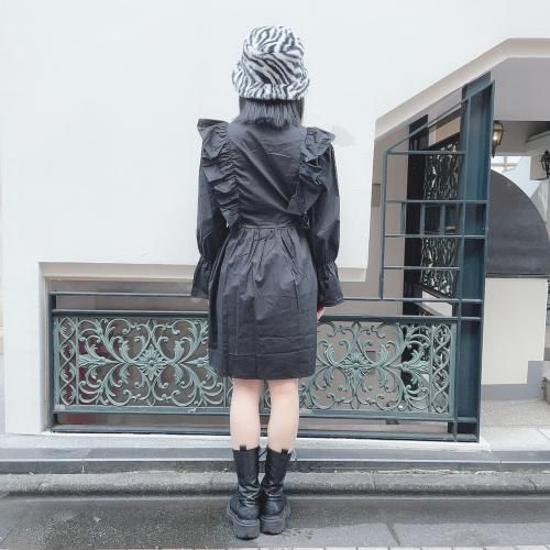 Vネックフリルサイドリボンワンピース BLACK