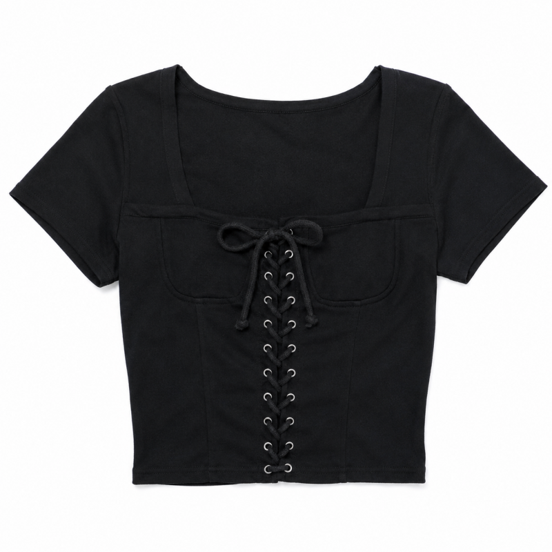 編み上げ 半袖Tシャツ BLACK