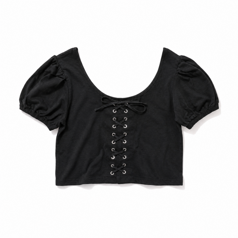 レースアップデザイン 半袖Tシャツ BLACK