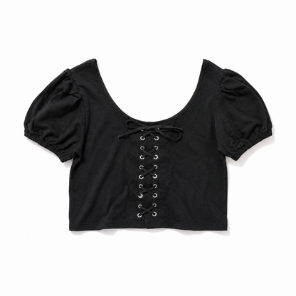 レースアップデザイン 半袖Tシャツ BLACK