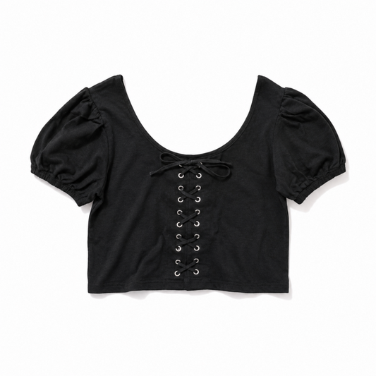 レースアップデザイン 半袖Tシャツ BLACK