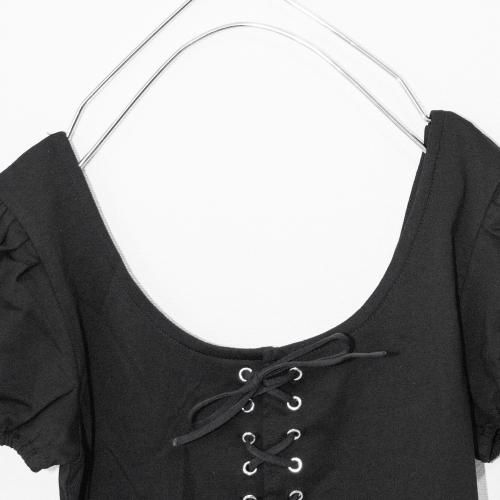 レースアップデザイン 半袖Tシャツ BLACK
