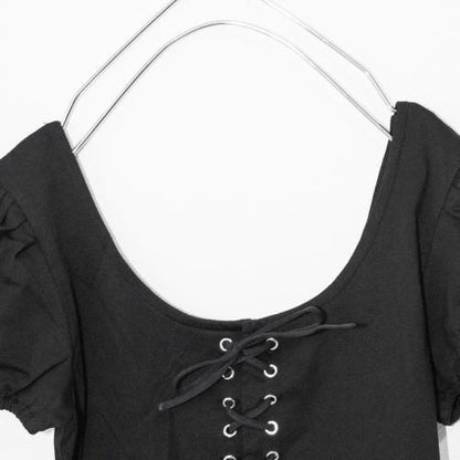 レースアップデザイン 半袖Tシャツ BLACK