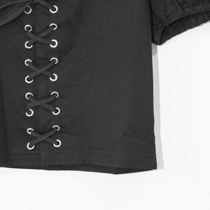 レースアップデザイン 半袖Tシャツ BLACK
