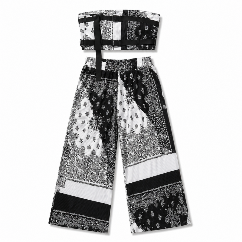 バンダナ柄 チューブトップ パンツセットアップ Black/White MS_P