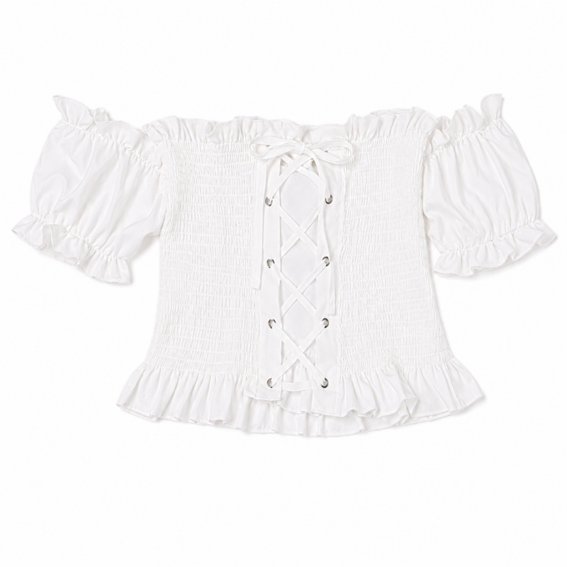 オフショルダー シャーリング フリルトップ WHITE