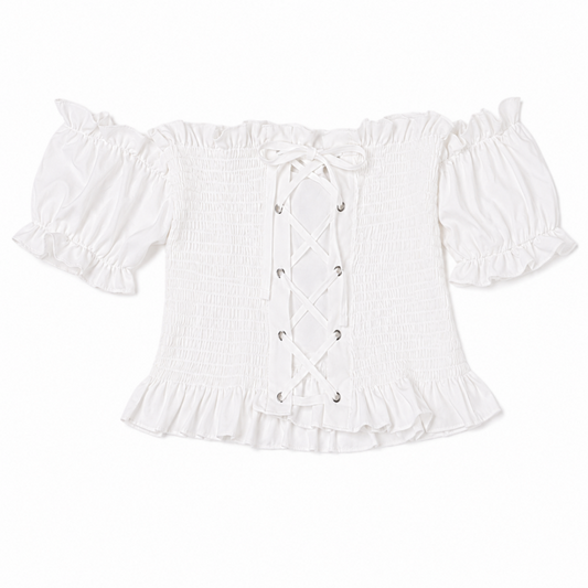 オフショルダー シャーリング フリルトップ WHITE