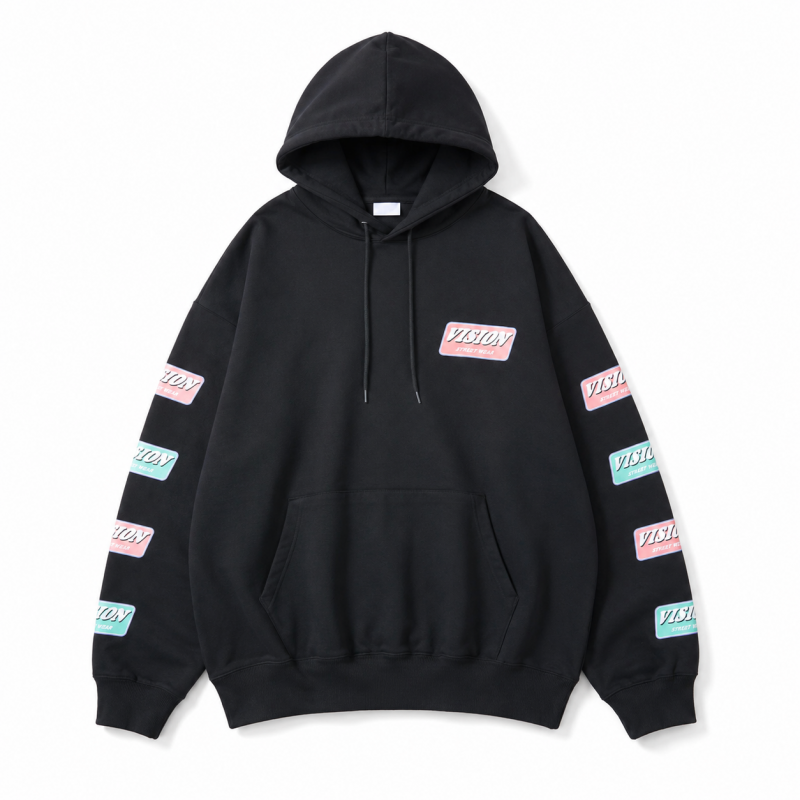VISION STREET WEAR 裏毛 袖ロゴプリント プルオーバー パーカー BLACK