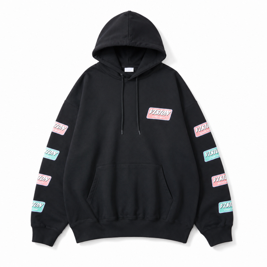 VISION STREET WEAR 裏毛 袖ロゴプリント プルオーバー パーカー BLACK