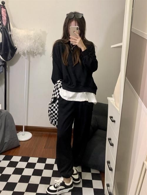 ミニ裏毛レイヤード風スウェット セットアップ BLACK