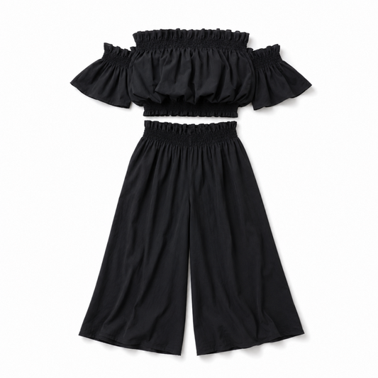 オフショル トップス ＆ パンツ セットアップ BLACK